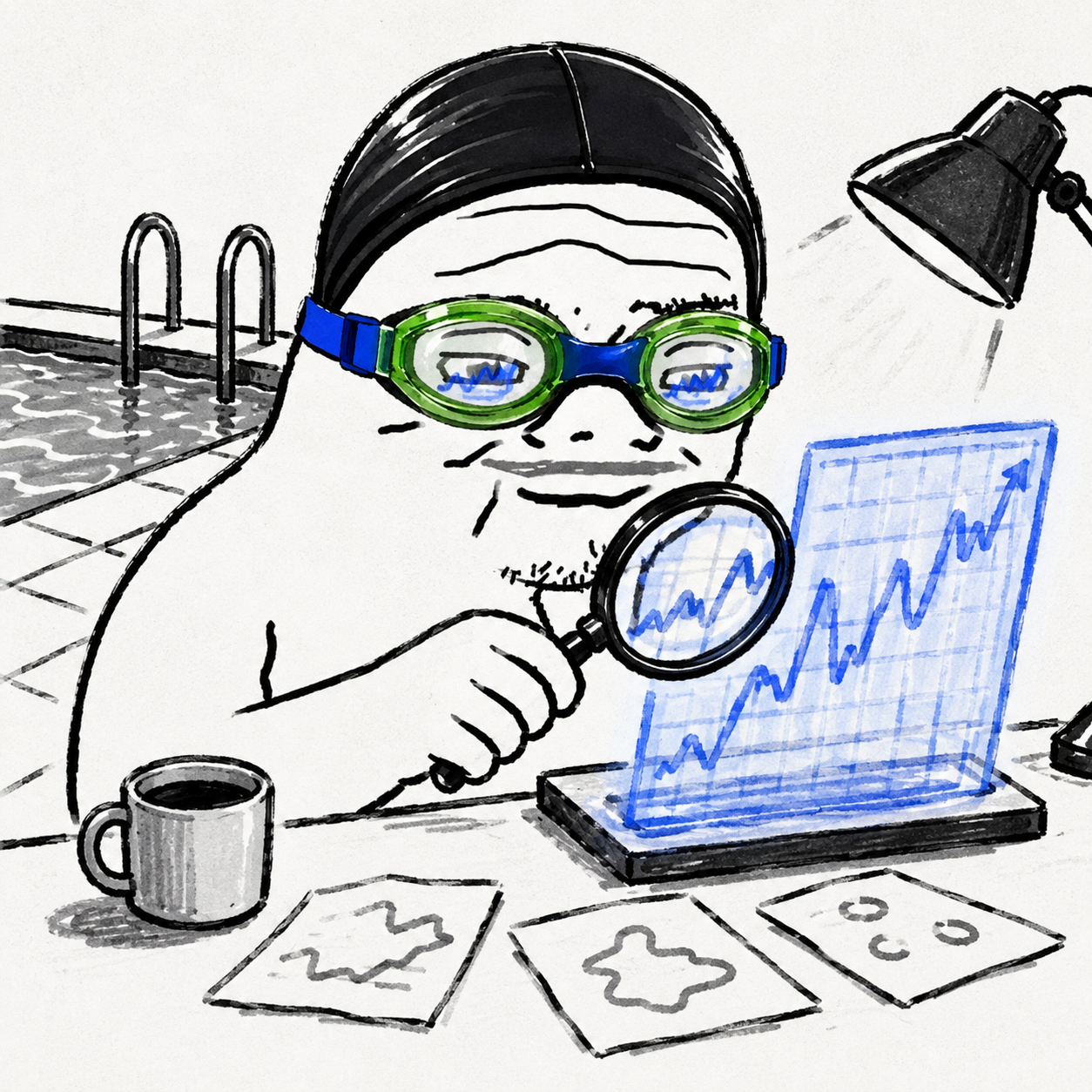 Nas Unc studying a chart in a poolside lab