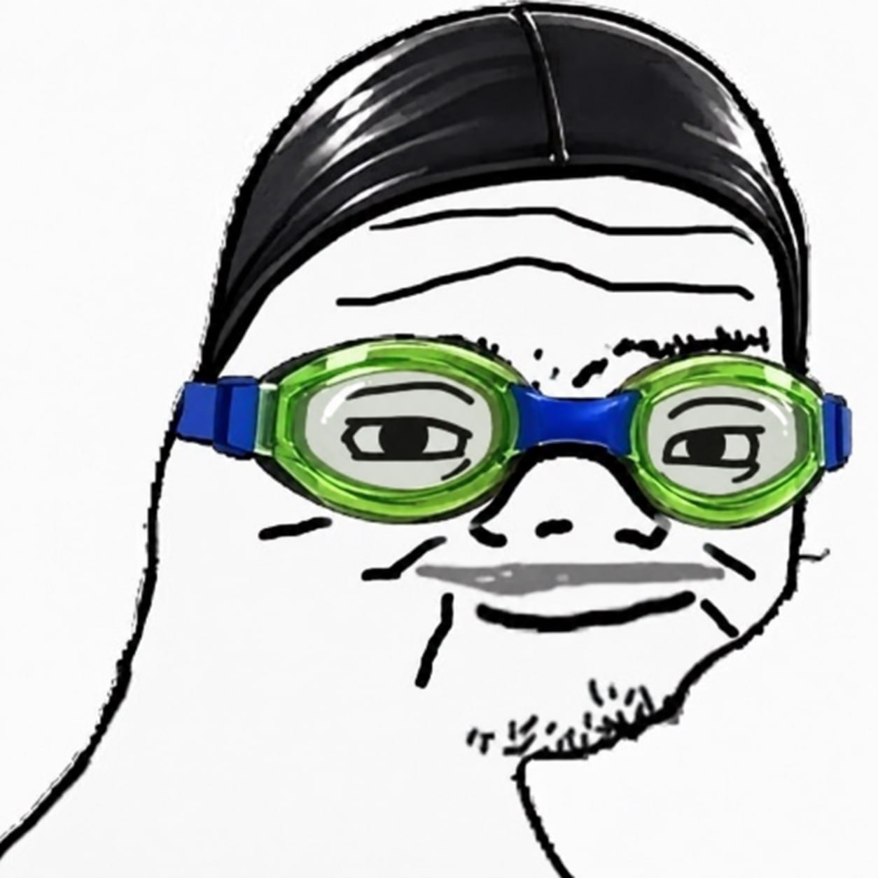 Nas Unc wearing a black swim cap and bright green-blue goggles