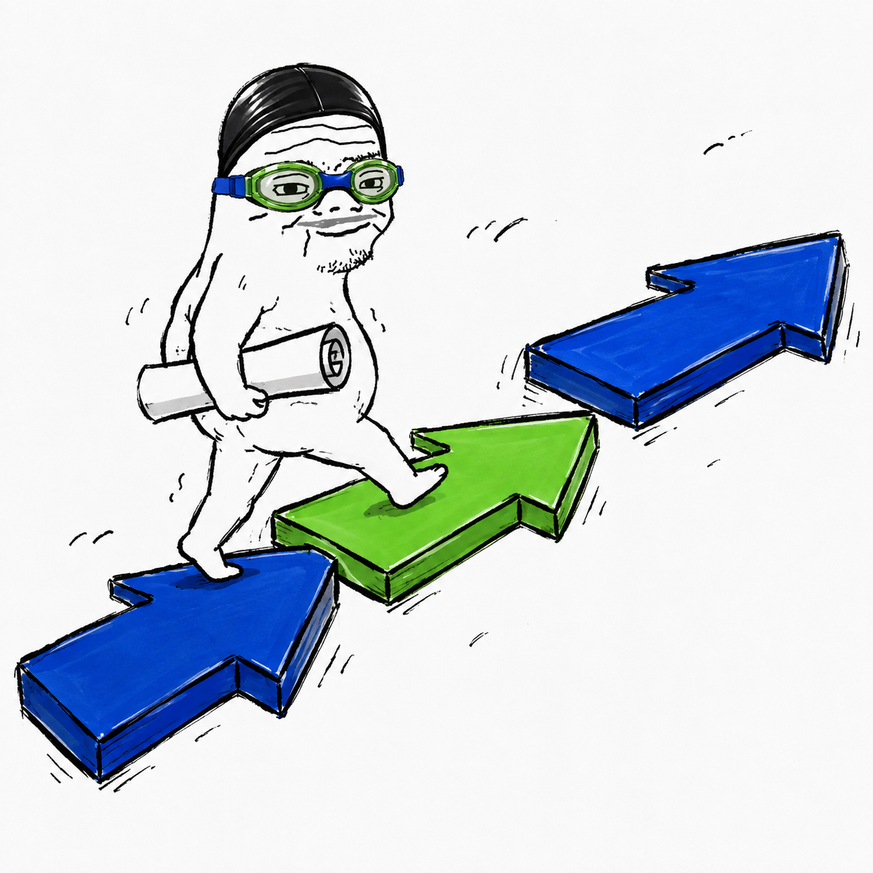 Nas Unc walking upward across blue and green chart arrows